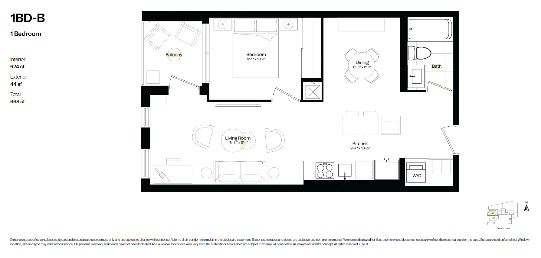  1BD-B  Floor Plan of Courcelette Condos with undefined beds