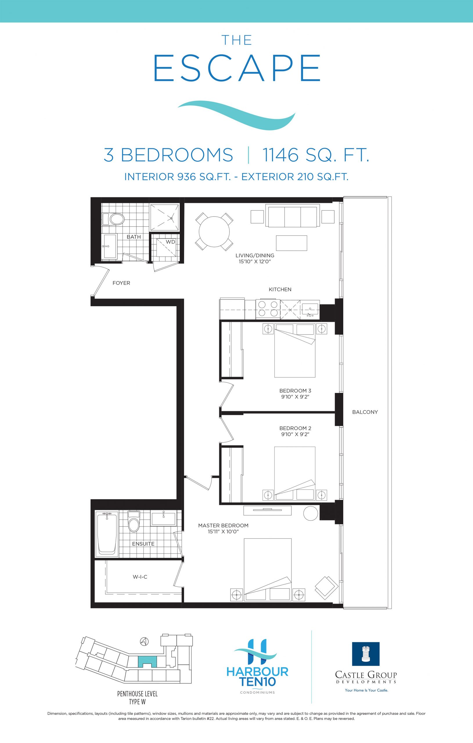 The Escape - 3 Bedroom Floor Plan of Harbour Ten10 Condos with undefined beds